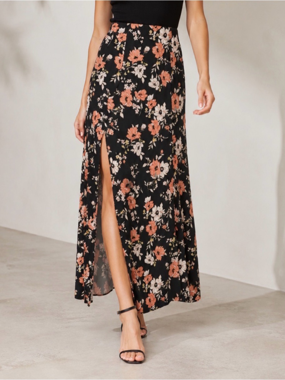 Forever 21 Black and Peach Floral Maxi Skirt with Leg Slit, Women’s Medium - Picture 2 of 10